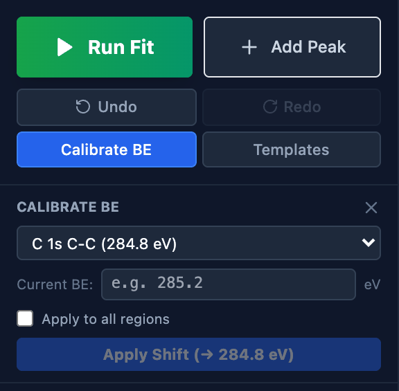 The Calibrate BE panel.